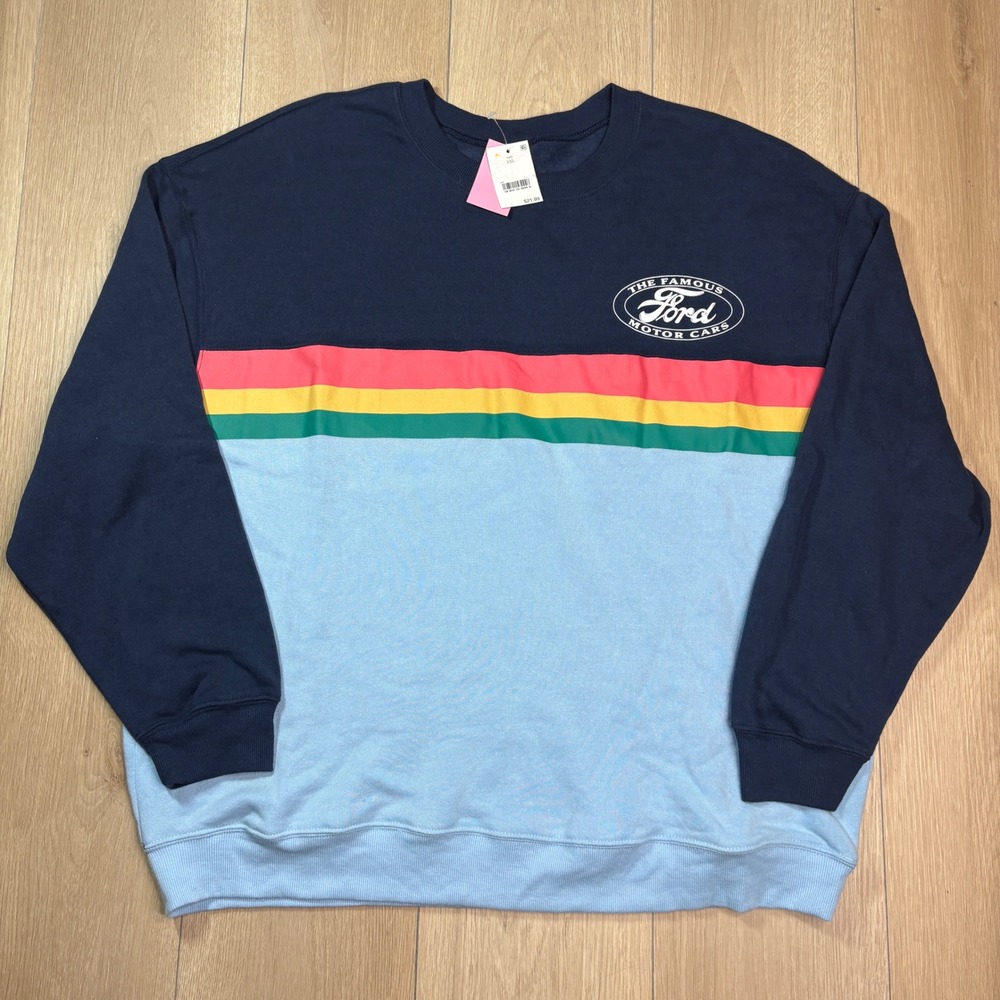 Ford Motor Cars Colorblock Sweatshirt Navy Blue Stripes XXL Hybrid Apparel NWT